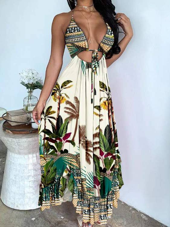 Flarix – Engroshandel Kjole - Dame – halterneck slips farvestof print bundet detaljer udskæring maxi kjole