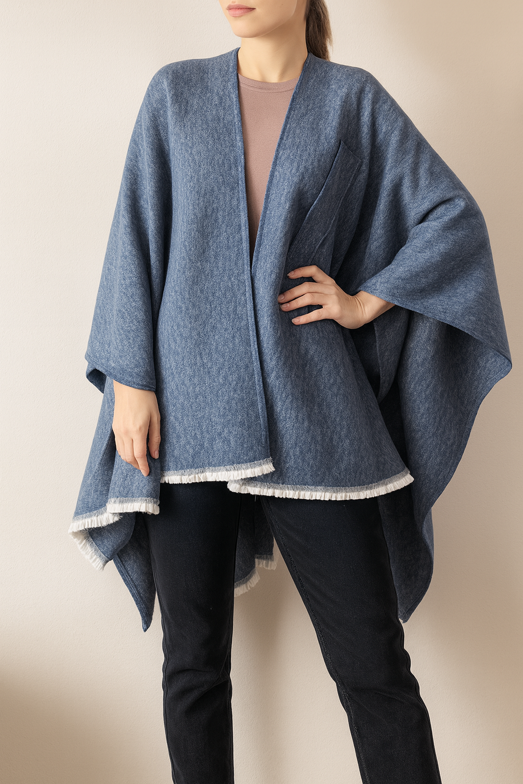 Fennco Styles - Wholesale Poncho - Women's - Navy Blue Fringe Poncho Warm Open Front Shawl Cape  1