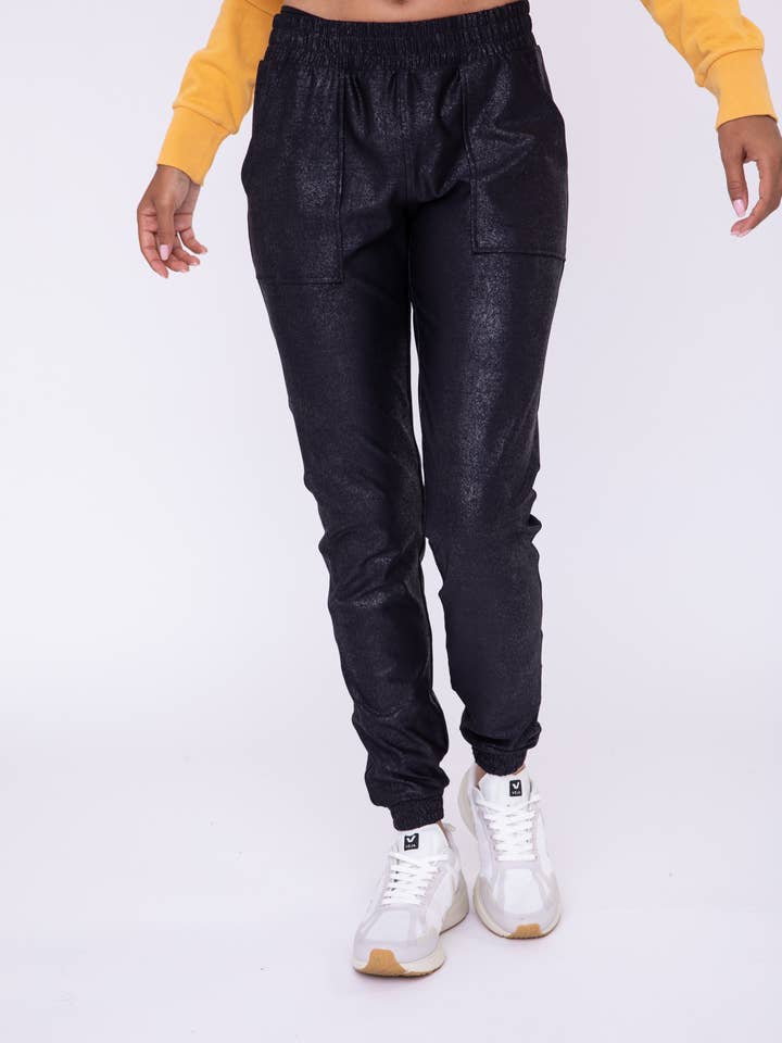 BLACK Foil Printed High-Waisted Joggers for wholesale on Faire