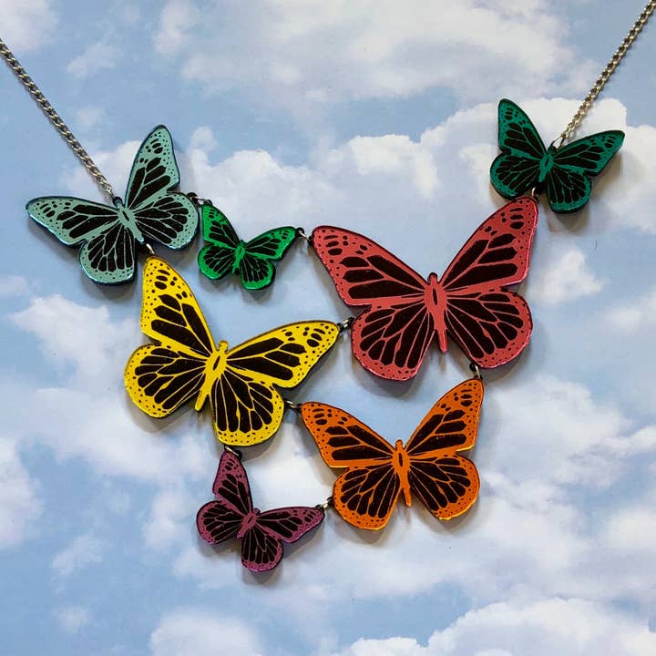 Mirrored Rainbow Butterfly Statement Necklace, Laser Cut Acrylic, Plastic Jewelry for wholesale by I'm Your Present