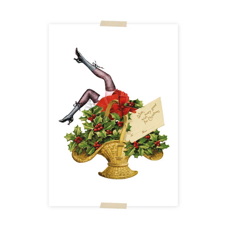 Weihnachtspostkartencollage Weihnachtskorb mit Frauenbeinen für den Großhandel von Lylies