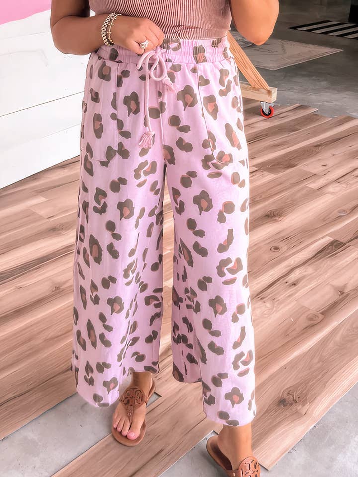 Pink Drawstring Leopard Print Patch Pocket Loose Pants for wholesale by Lovesoft