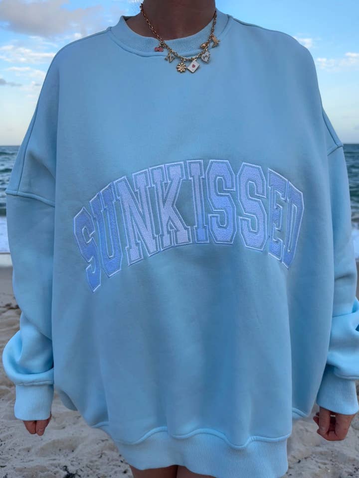 Icy Blue Sunkissed Varsity Embroider Sweatshirt for wholesale on Faire