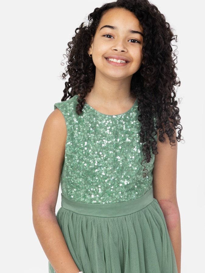 Mini Maya Dark Green Delicate Sequin Midi Dress With Bow for wholesale by Plaza Collection Ltd