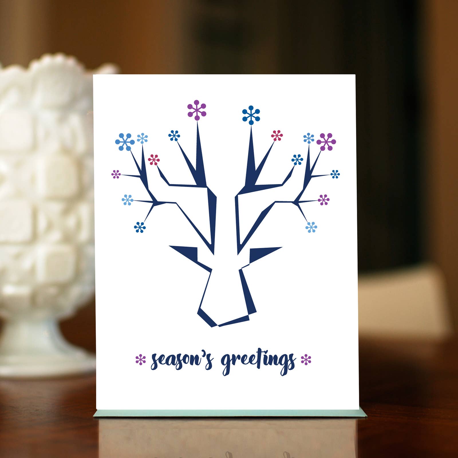 MAN vs. GEORGE DESIGN - Wholesale Season's Greetings Card - Fancy Antlers Modern Reindeer w/ Snowflakes Holiday Card0
