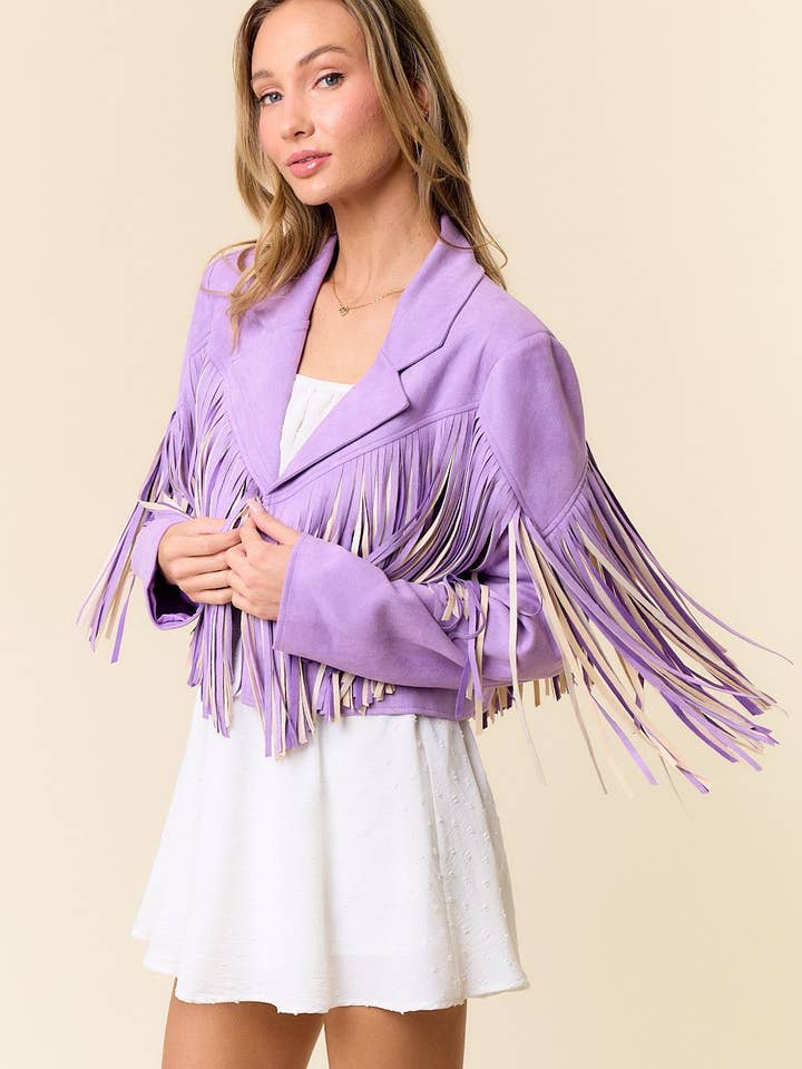 SIJ5279A LAVENDER MULTI COLOR FRINGE OPEN FRONT JACKET for wholesale by Saints & Hearts