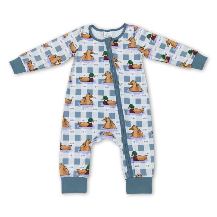 Plaid duck long sleeves baby kids zipper romper for wholesale by Yawoo Garments