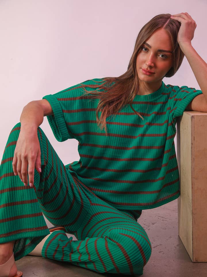 VERY J - Wholesale Lounge Set - Women's - NT11974SET-Striped Casual Top & Pants Set