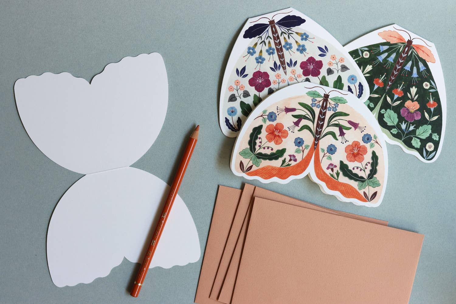 Flora Waycott - Wholesale Everyday Greeting Card - Floral Moth shaped card - Forest Green3