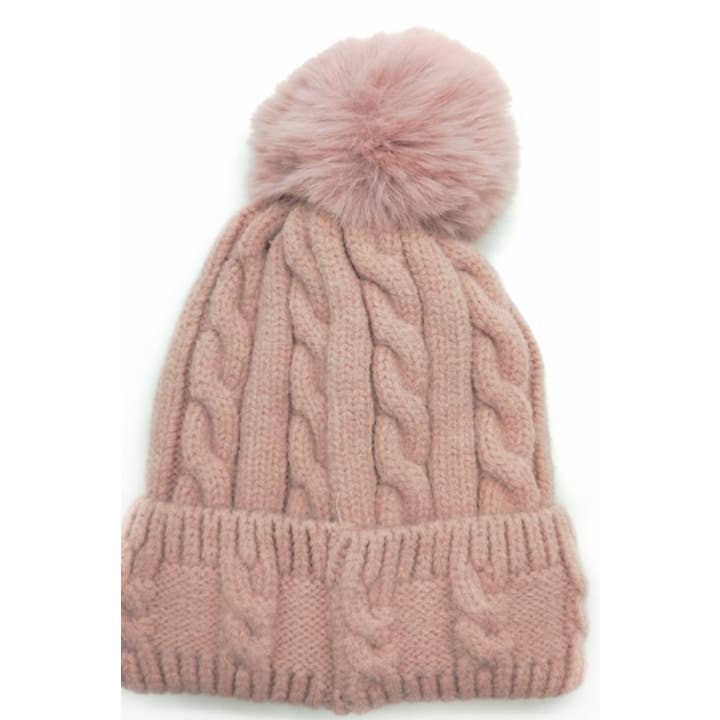 BA602 Soft Knit Lined Cable Beanie Fake Fur Pom LOOWIE for wholesale by LOOWIE