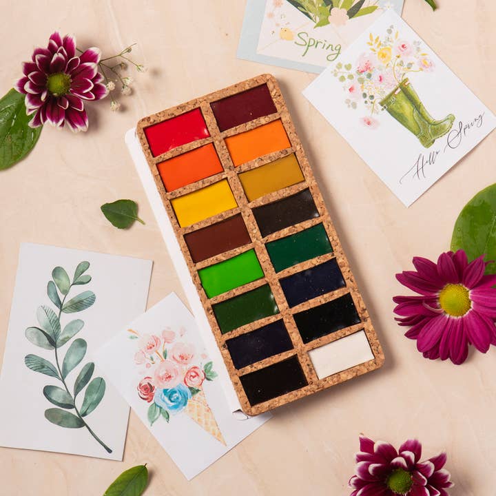 Viviva Colors - Wholesale Watercolor Paint - Original Pans Set - 16 watercolors | Ecofriendly | Cork