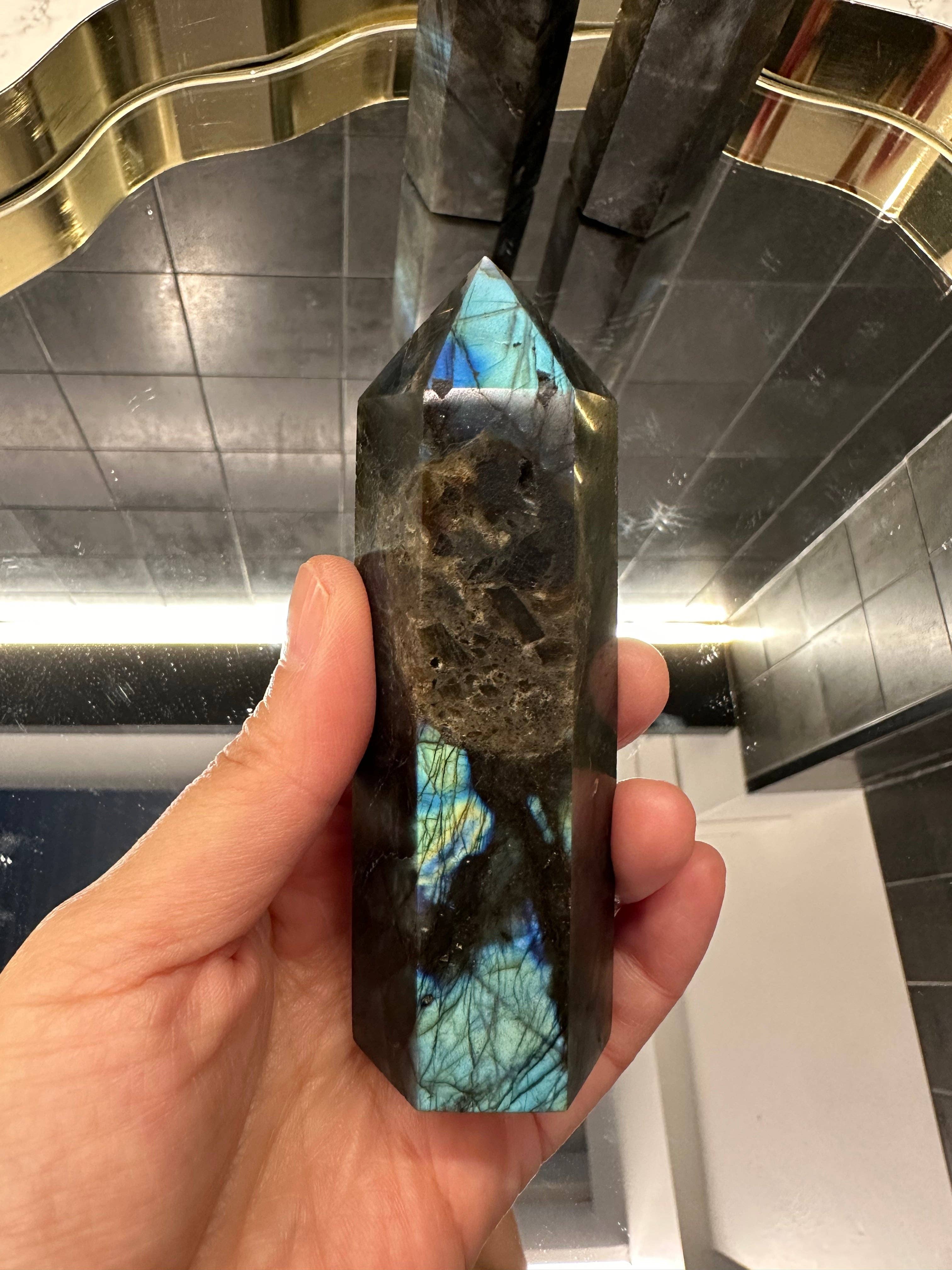 Moon Rituals – wholesale Spiritual stone/crystal – Natural Labradorite Tower Point Generator: Transformation & Intuition Crystal (10cm/4in), Christmas Crystal Gift1