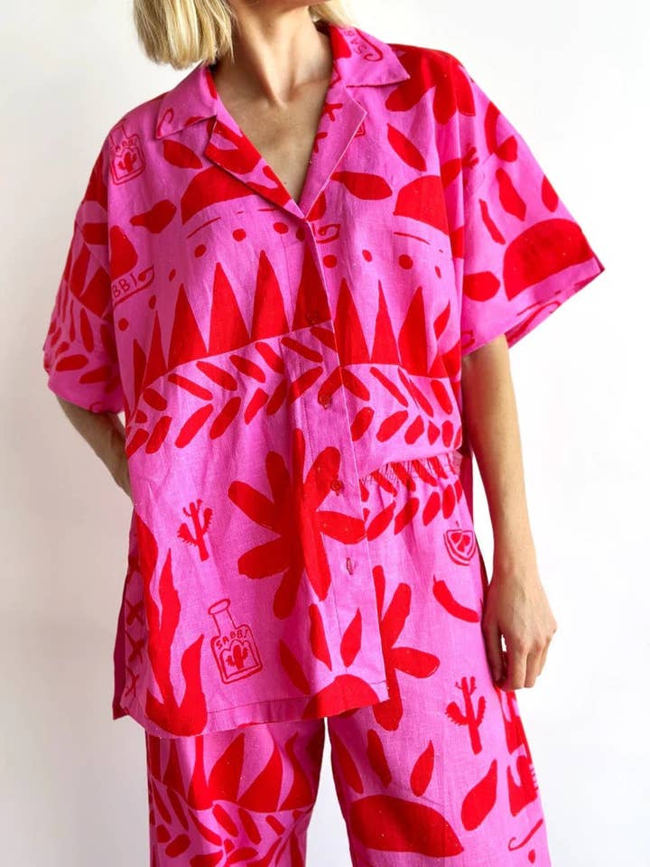 ROSE RED Graphic Print Button-Up Shirt and Pants Set #3 for wholesale on Faire2