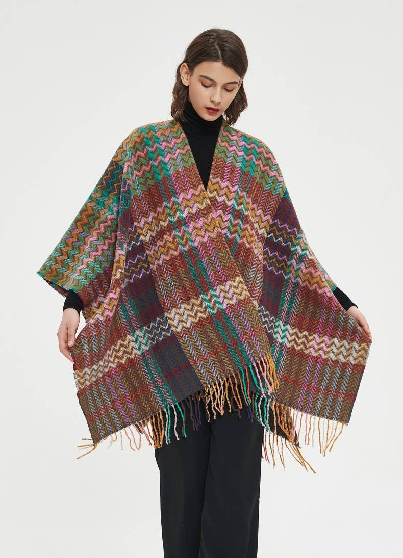 ePretty - Wholesale Poncho - Women's - Multi Color Chevron Printed Knit Wrap with Tassels Z1-PJP1215