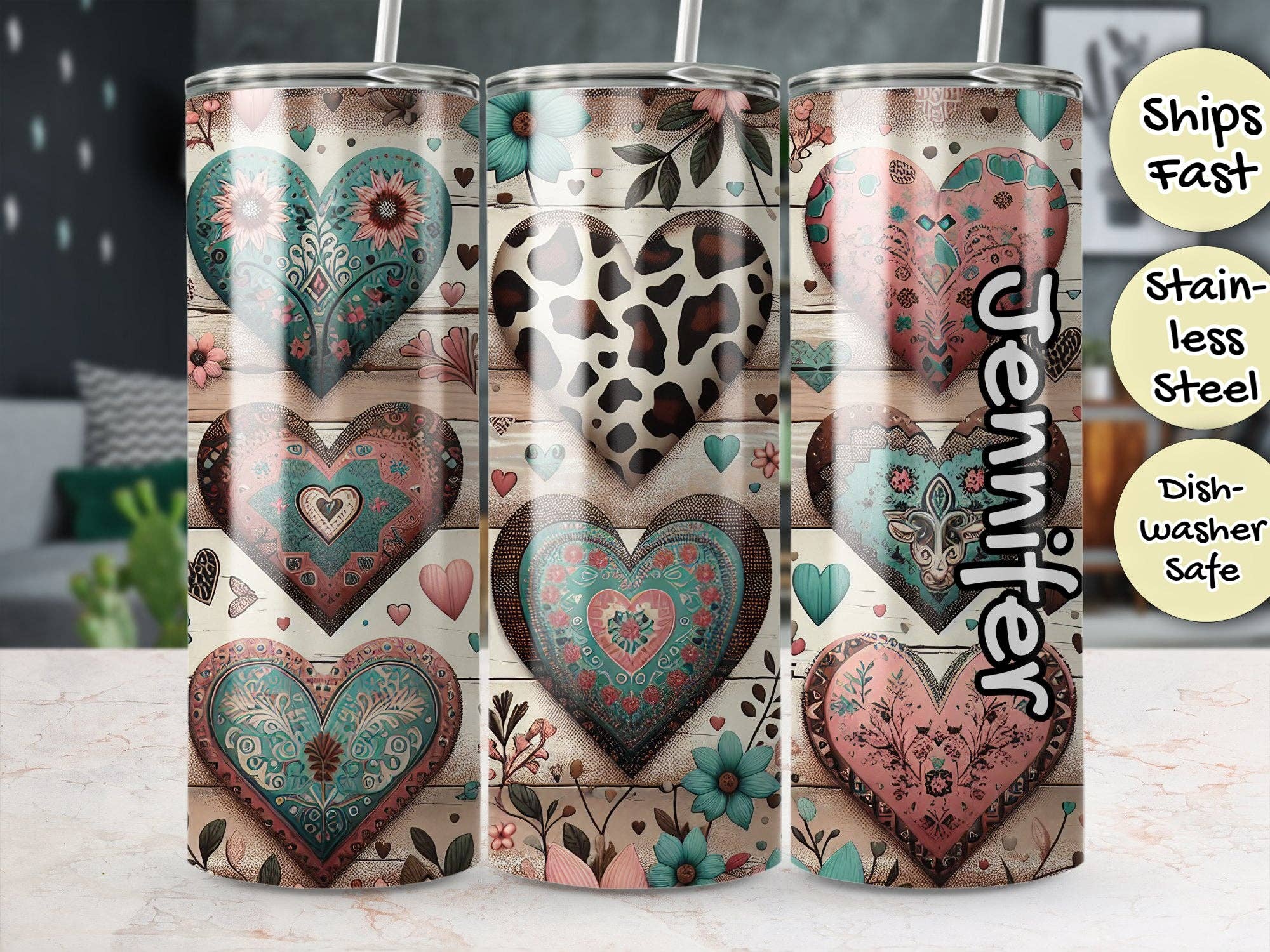 White Boho Heart Tumbler, Floral Love Pattern, Shabby Chic Insulated Cup, Unique Gift for Her, Customizable Name Drinkware, 20oz Travel Mug for wholesale on Faire0