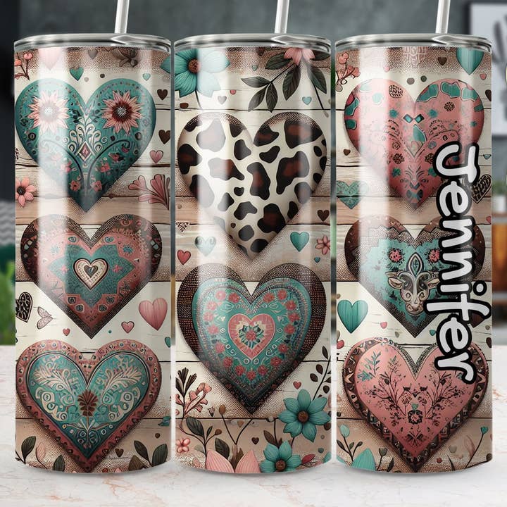 White Boho Heart Tumbler, Floral Love Pattern, Shabby Chic Insulated Cup, Unique Gift for Her, Customizable Name Drinkware, 20oz Travel Mug for wholesale on Faire