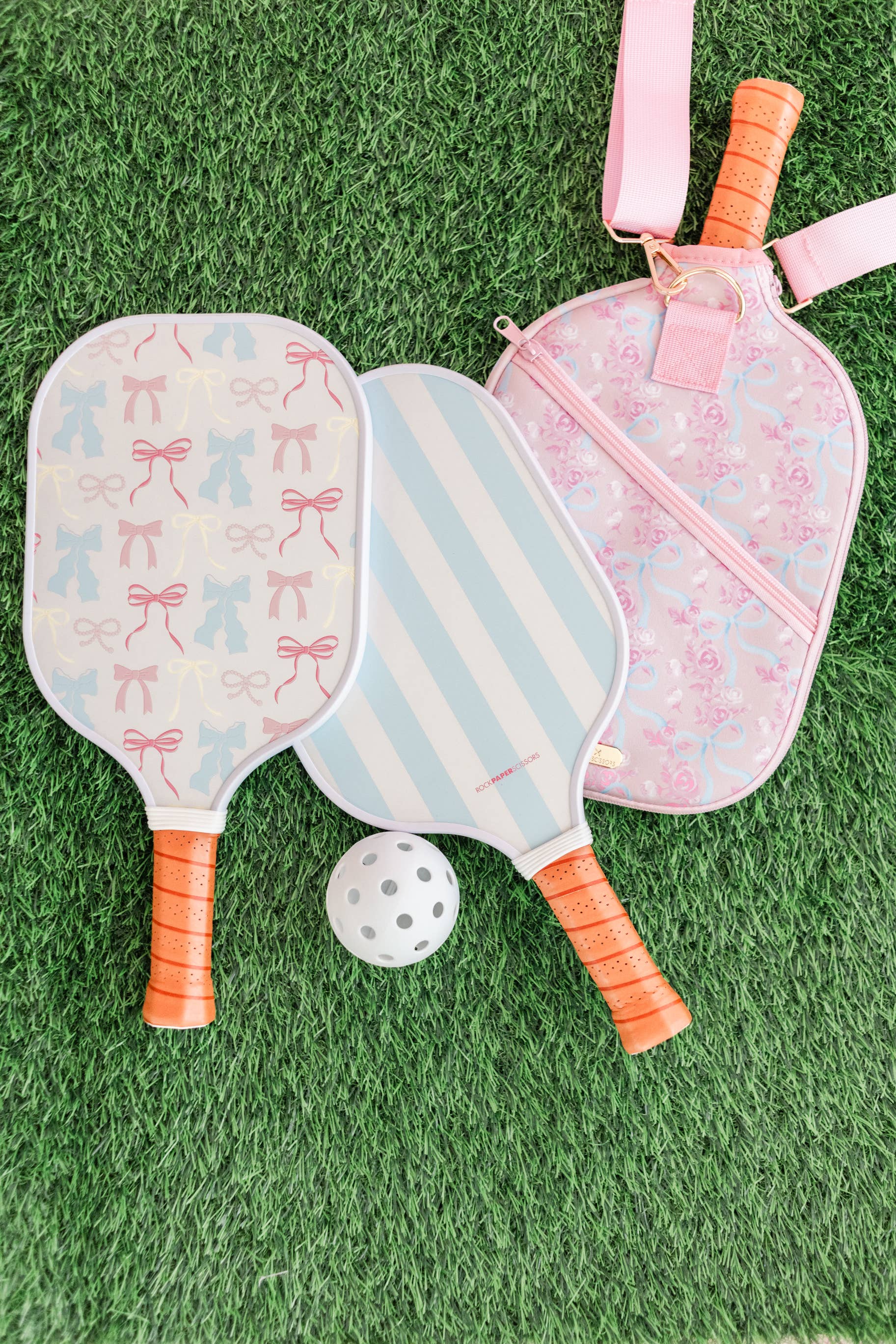 Rock Paper Scissors - Wholesale Sporting Accessories - Pastel Bows and Stripes Double-Sided Pickleball Paddle2