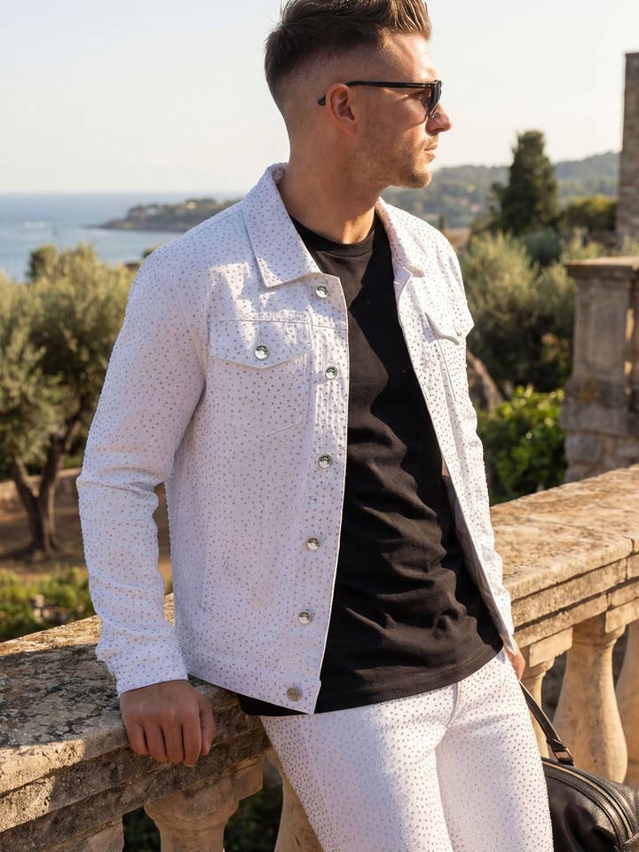 Herrarnas strassprydda denimjacka i avslappnad lyxstil 5JVS03 för wholesale av BARABAS