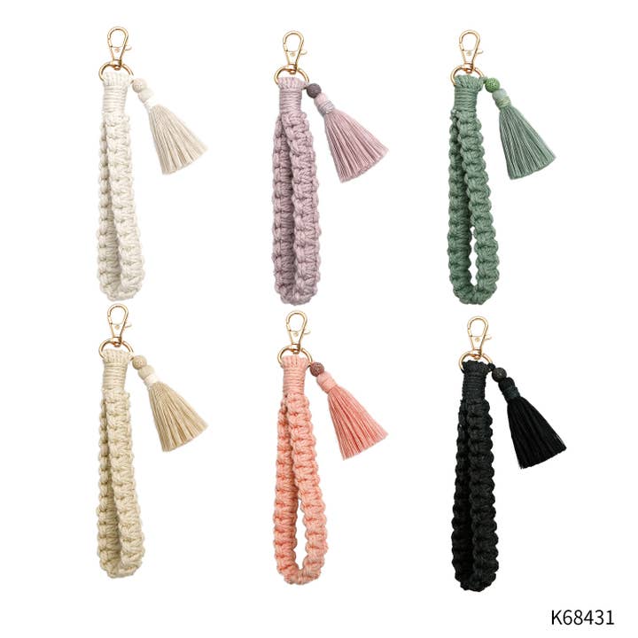 Macrame Flat Square Knot Wristlet Keychain with Tassel for wholesale by Adorro