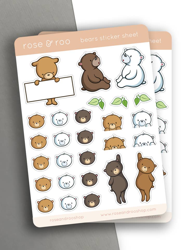 Bears sticker sheet, A6 vinyl for wholesale by rose & roo