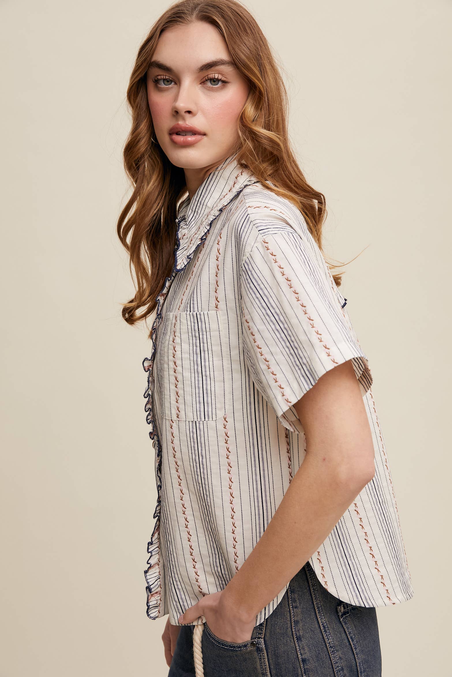 Listicle - Wholesale Button Down Shirt - Women's - Striped Embroidered Button-Down Blouse6