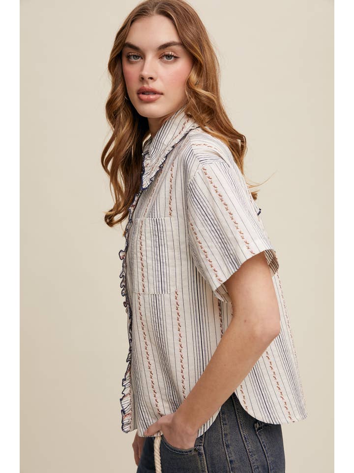 Listicle - Wholesale Button Down Shirt - Women's - Striped Embroidered Button-Down Blouse6