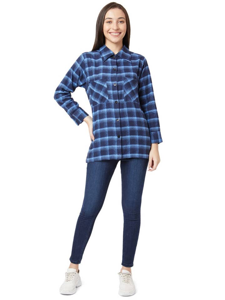 KVINNORS BOMULL INDIGO RUTIG LÅNG LINJE SKJORTA för wholesale av NEOSTITCH LLC