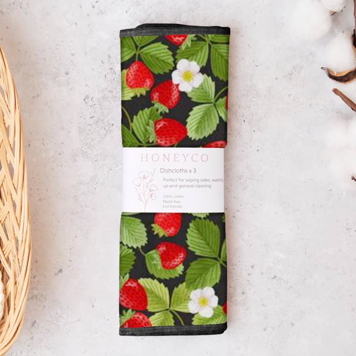 Reusable dish cloths - strawberries - kitchen cleaning wipes for wholesale by honeyco