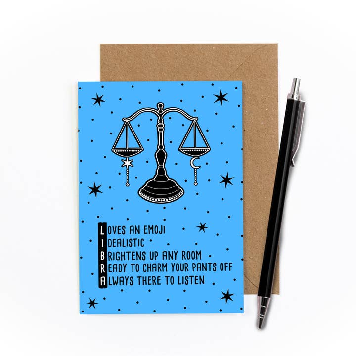 Libra Zodiac Greetings Card for wholesale by Amy Illustrates