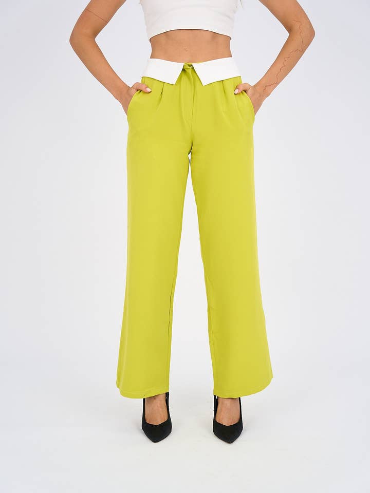 Hushy Wear - Wholesale Pants - Women's - Reversed Waistband Wide Leg Pants - Lime Green
