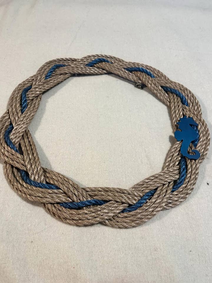 18 inch brown wreath with navy accent and navy seahorse for wholesale by Paige's Paracord and More