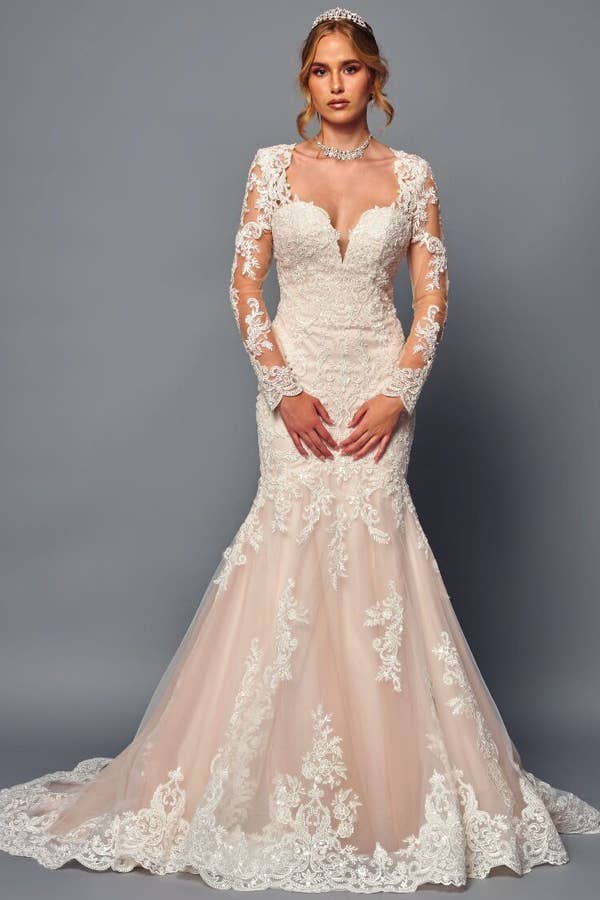 Babyfox Apparel - Vendita all'ingrosso Abito da sera - Donna - Abito da sposa a sirena con maniche lunghe trasparenti e scollo a cuore5