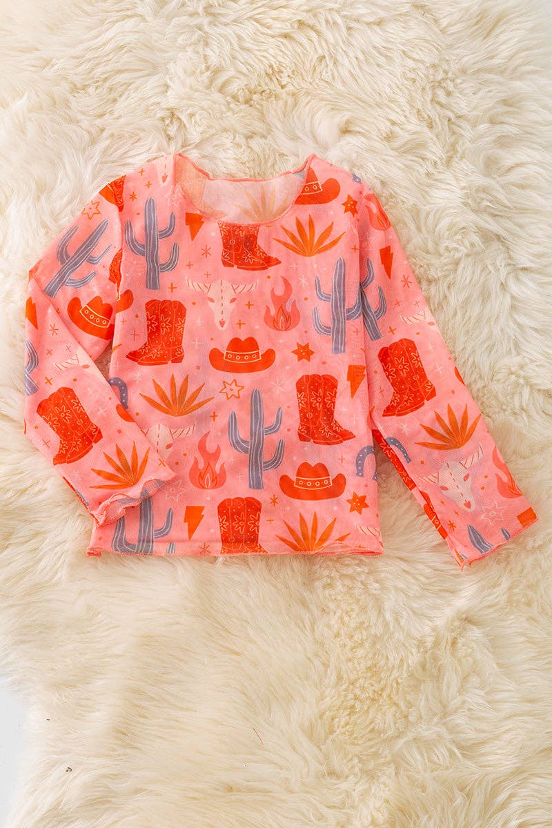 Kids Charm Online - Wholesale T-Shirt - Kids - cute orange western printed mesh long sleeve top. TPG50650 AMY0