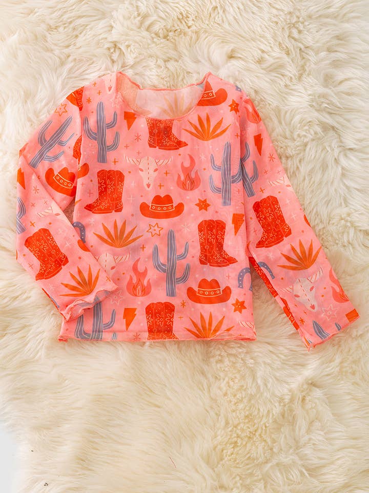 cute orange western printed mesh long sleeve top. TPG50650 AMY for wholesale by Kids Charm Online
