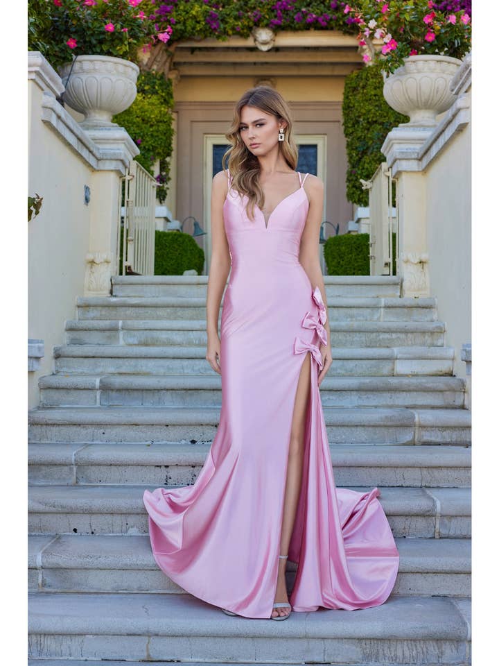 STRAPLESS CORSET GOWN WITH RUCHING AND SLIT for wholesale by Juliet