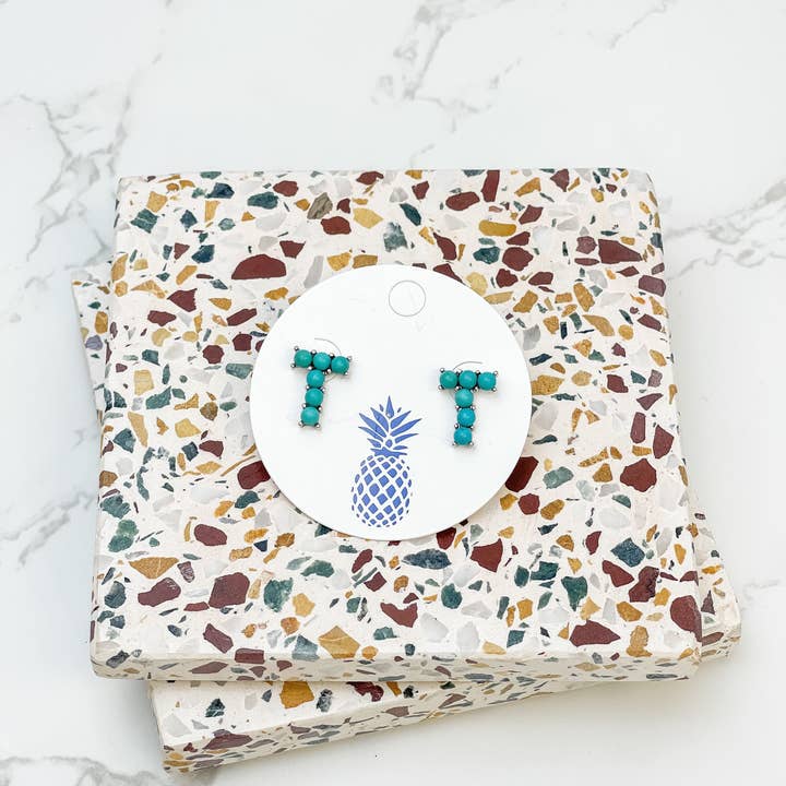 Prep Obsessed Wholesale - Wholesale Stud/Post Earrings - Semi-Precious Turquoise Initial Post Earrings13