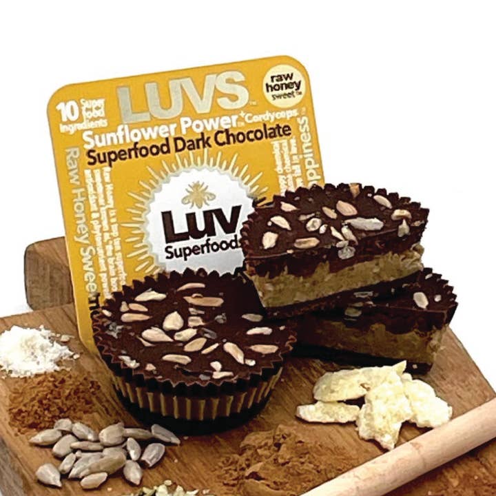 Gobelets en chocolat noir Sunflower Power +Cordyceps Superfood pour la vente par LUV Superfoods