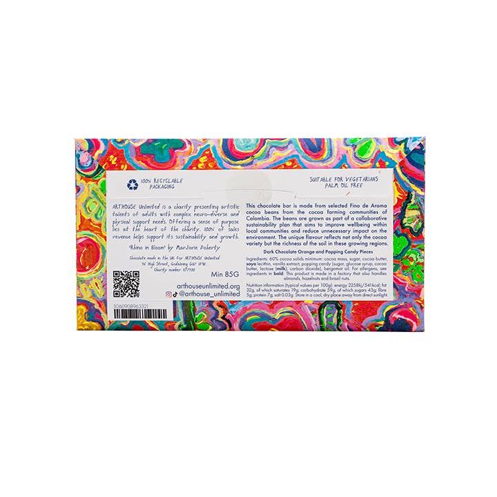 ARTHOUSE Unlimited – wholesale Chocolate bar – Rhino in Bloom, Dark Chocolate Orange & Popping Candy Pieces