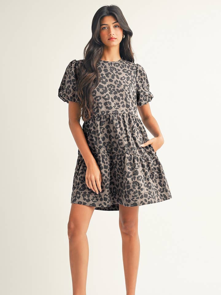 Brown LDC Denim Leopard Printed Short Sleeve Flared Mini Dress for wholesale on Faire