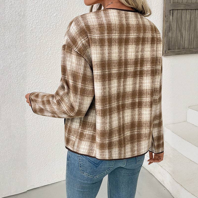 Khaki autumn and winter plush all-match top plaid coat retro for wholesale on Faire4