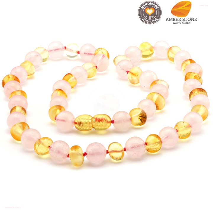 Baroque baltic amber & rose quartz necklace 1 for wholesale by Amber Stone