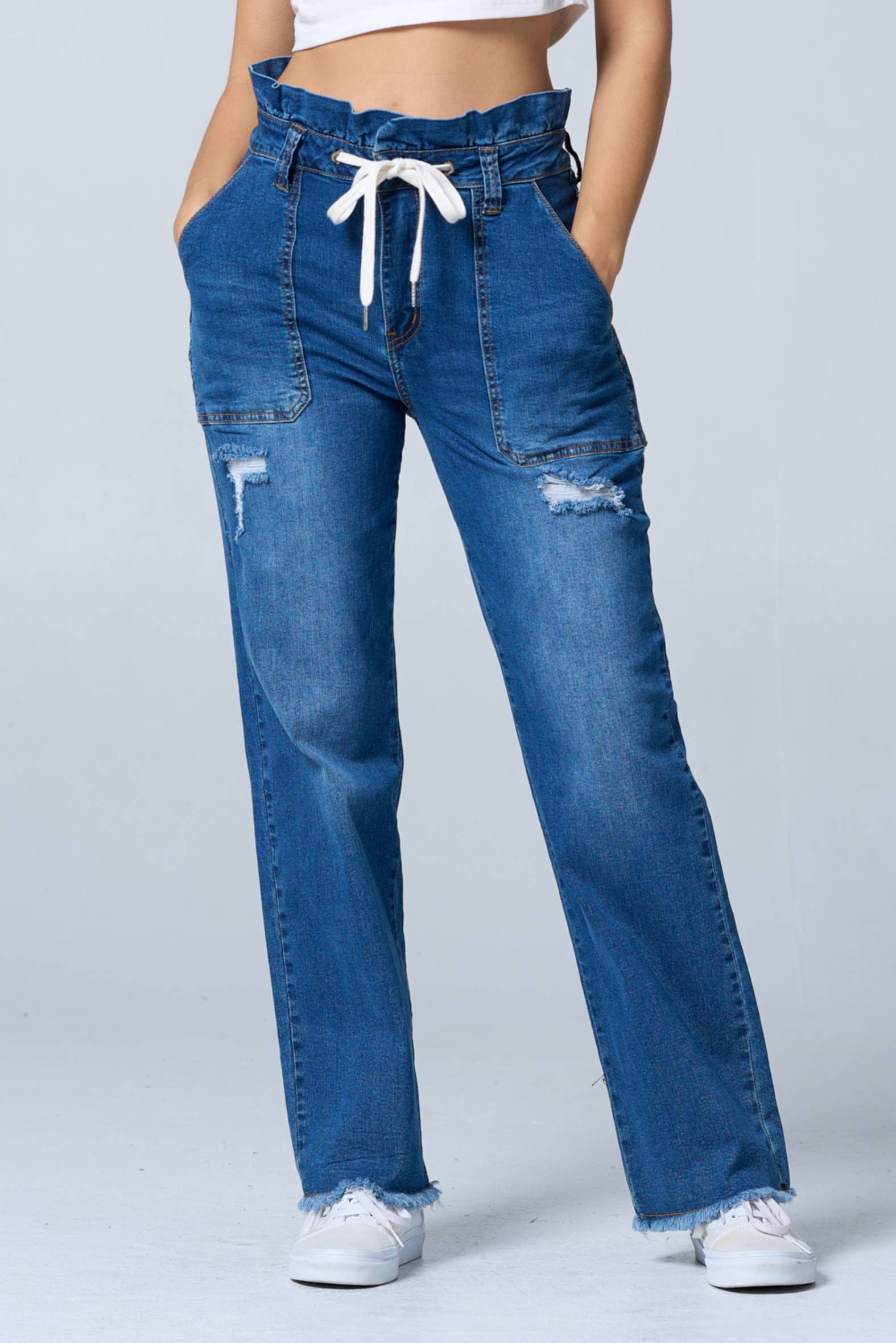 Color 5 - Wholesale Jeans - Women's - Distress fashion boot cut baggy jeans w/draw string raw edge9