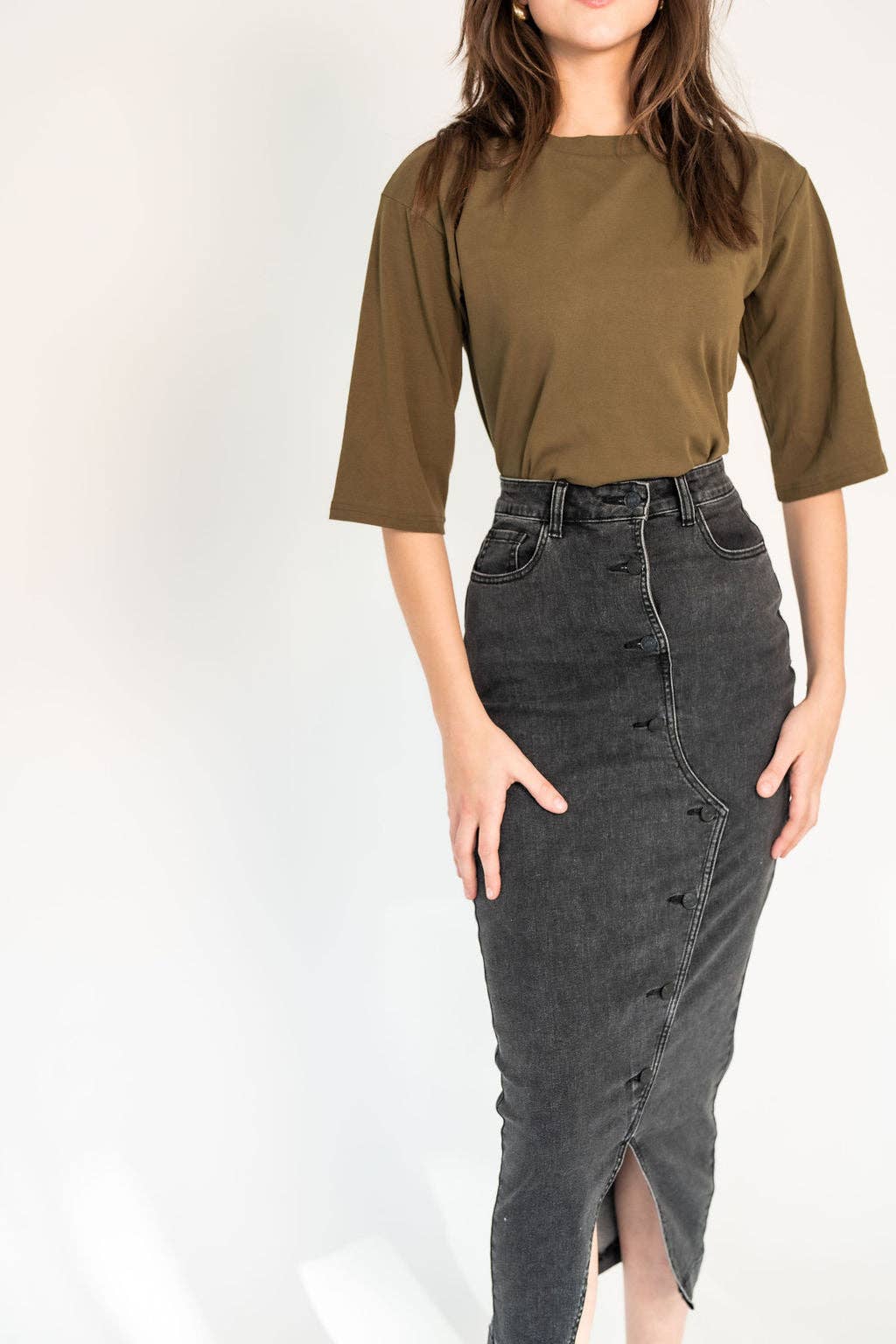 Recollection Brand - Wholesale Dress - Women's - Button Front Stretch Denim Midi Skirt1