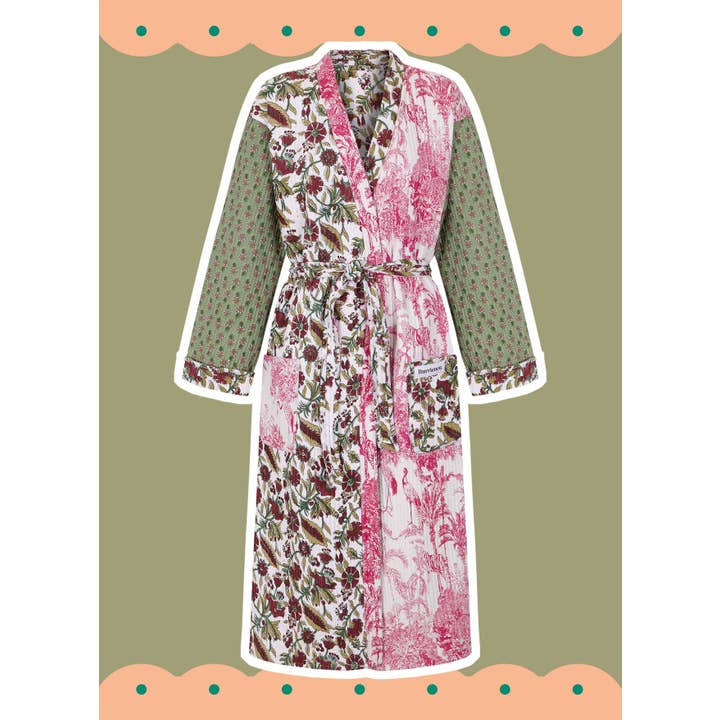 REVERSIBLE PADDED PATCHWORK ROBE IN GREEN AND PINK for wholesale by Iturrienea