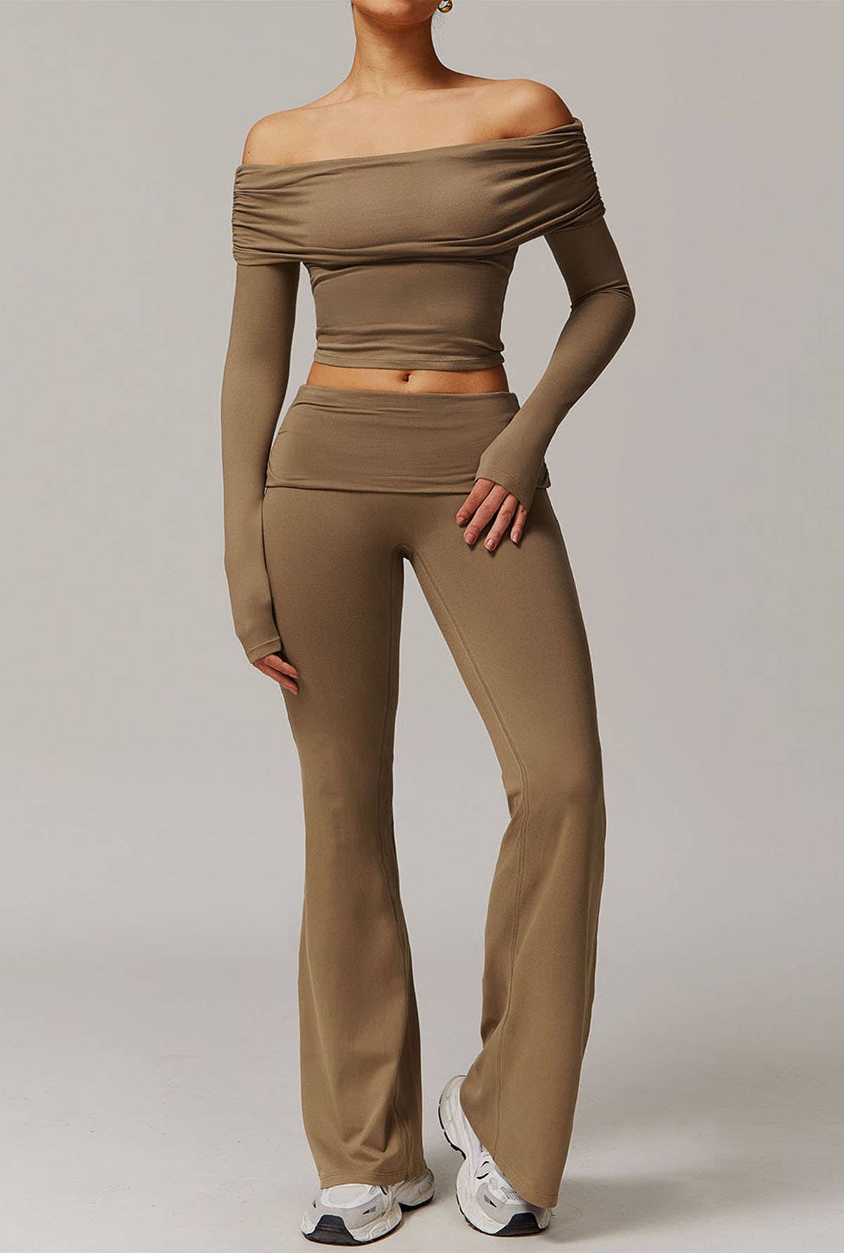 Crave by FW - Wholesale Activewear Set - Women's - Active Wear Set with Off Shoulder Crop Top and Flare Pants0