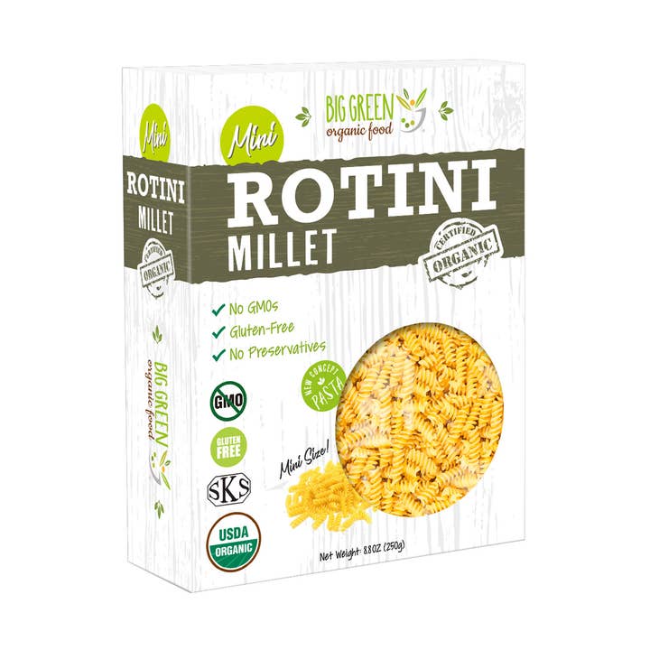 Organic Mini Millet Rotini for wholesale by Big Green Organic Food