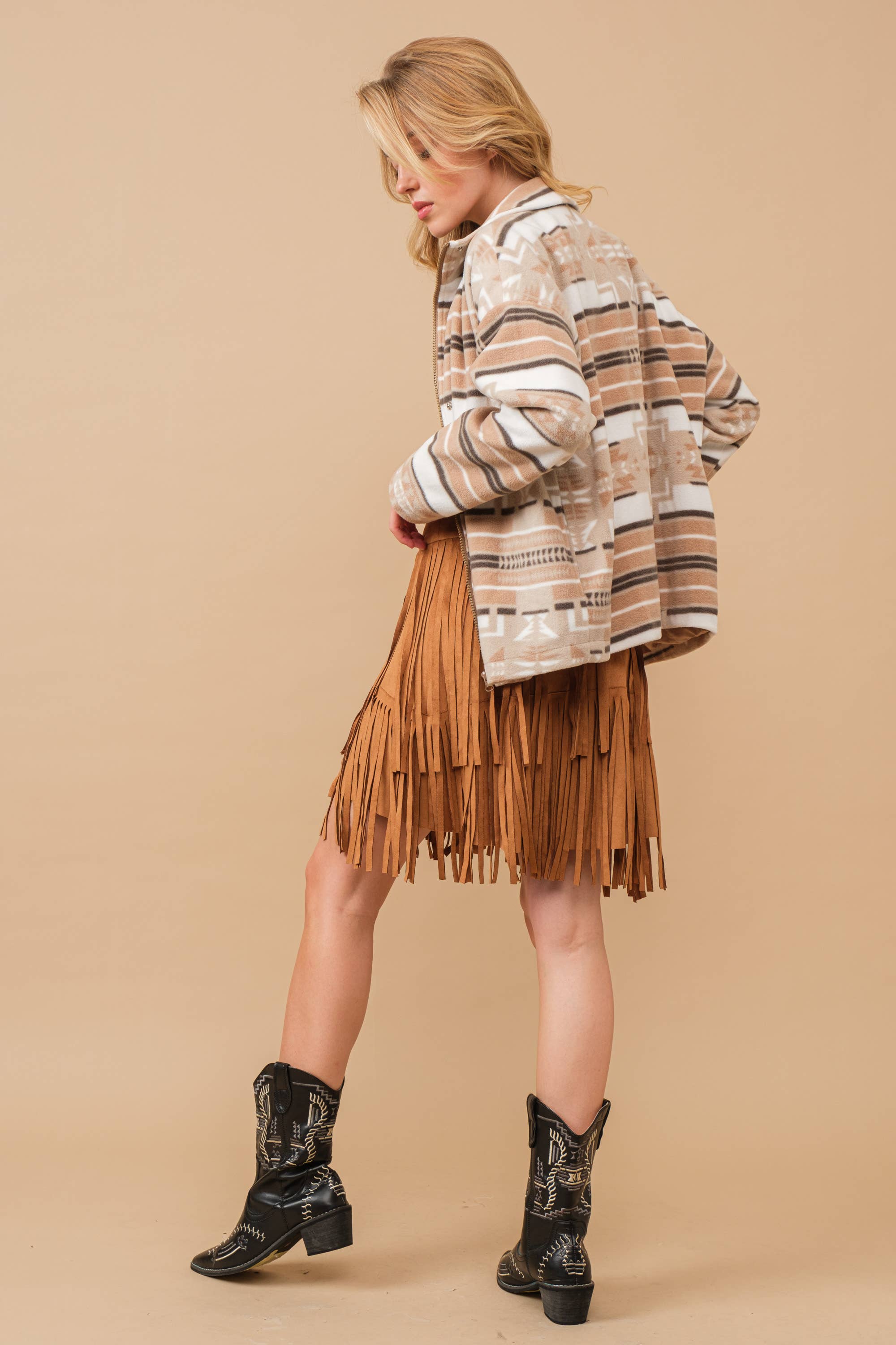 TAN 12135S-N - Faux Suede Wrap Snap Closure Fringe Western Skirt for wholesale on Faire5