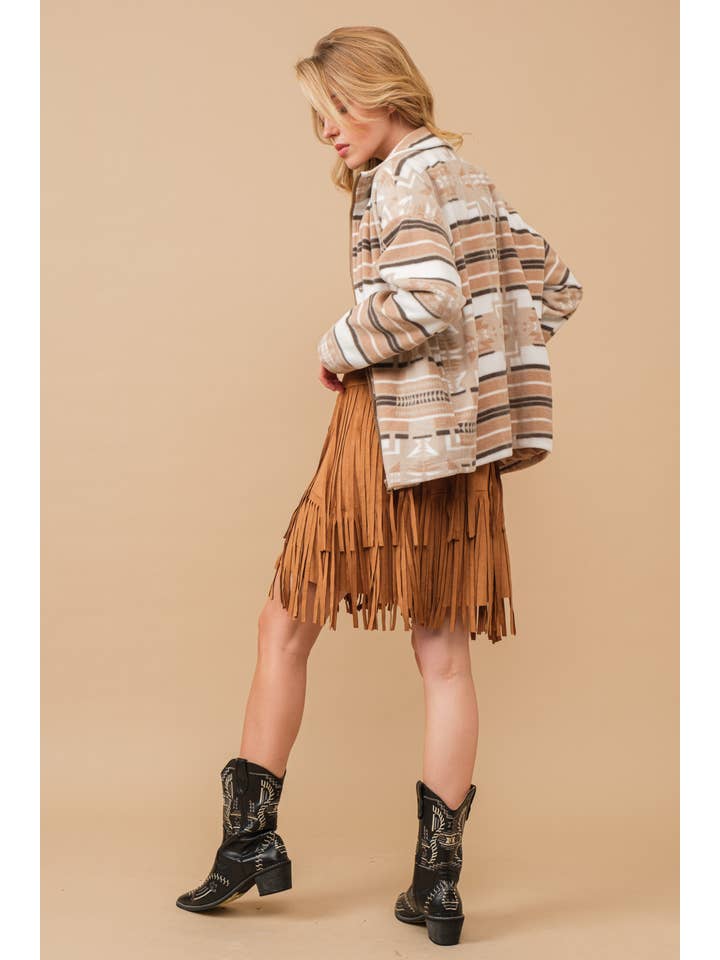 TAN 12135S-N - Faux Suede Wrap Snap Closure Fringe Western Skirt for wholesale on Faire5