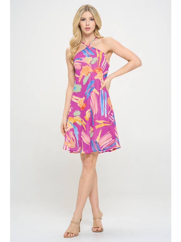 Magenta Made in USA Print Halter neck Swing Dress for wholesale on Faire