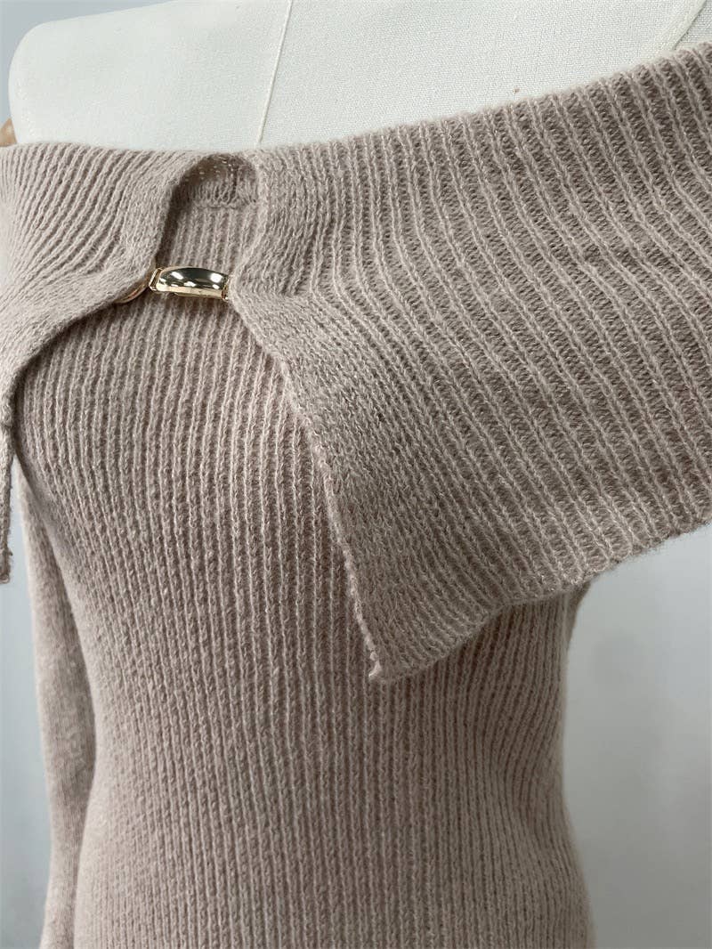 Color as pictures DR901 Off-Shoulder Knit Bodycon Long Sleeve Sweater Dress for wholesale on Faire4